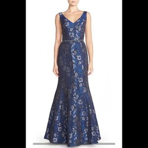 navy lace mermaid cut evening gown